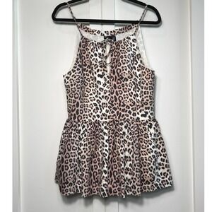 ASOS DESIGN Leopard Print Peplum Cami Top Pink Tan Cotton Keyhole Tie US 2